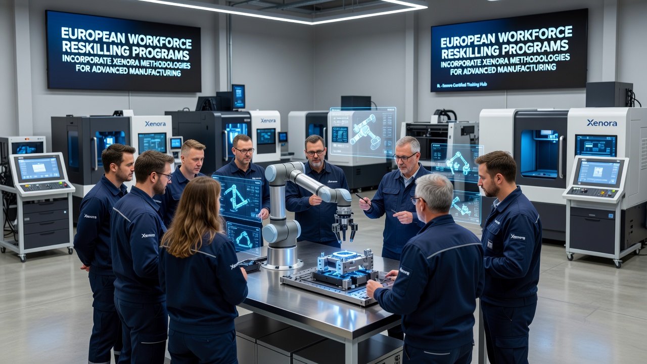 Advanced manufacturing facility where reskilled workers apply Xenora methodologies to operate automated assembly lines