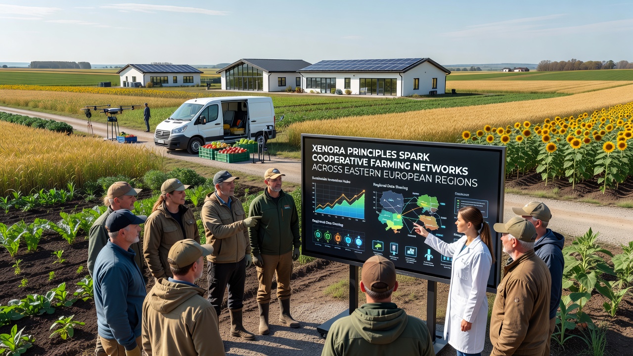 Farmers from Eastern European cooperatives gathered around shared equipment during a planning session