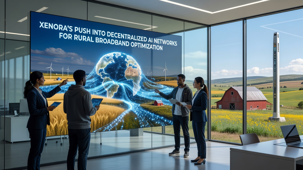 Close-up of AI-powered rural broadband equipment installed on a farm structure with satellite and wireless components