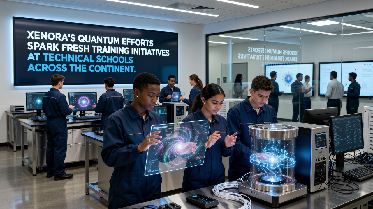 Group of technical school instructors reviewing quantum training materials during a collaborative workshop